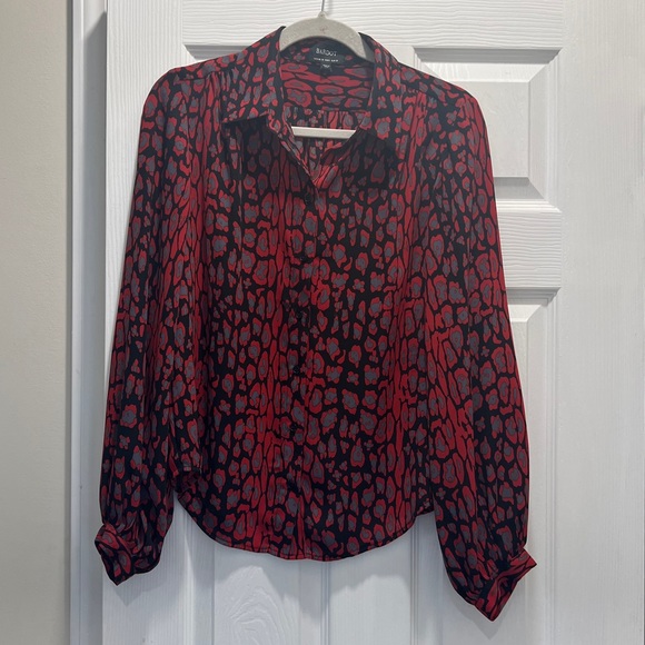 Bardot Mona Leopard Blouse Red Grey Black Collared Shirt Small Silky Long Sleeve - Picture 3 of 11